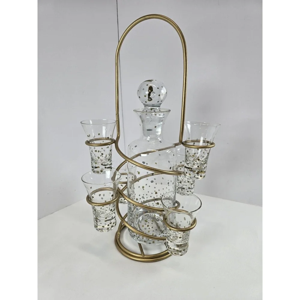 MCM Black & Gold Spots Glass Decanter Shot Glass Set Gold Caddy Barware 8 Pc